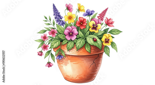 Wallpaper Mural Vibrant watercolor floral arrangement in a cracked terracotta pot, featuring a colorful assortment of pansies, petunias, and lupines with green leaves, isolated on a white background. Torontodigital.ca
