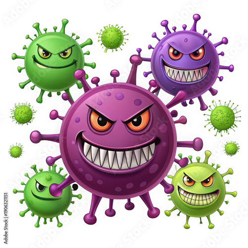 A cartoon illustration of menacing virus characters with sharp teeth and angry eyes, representing sickness or disease.