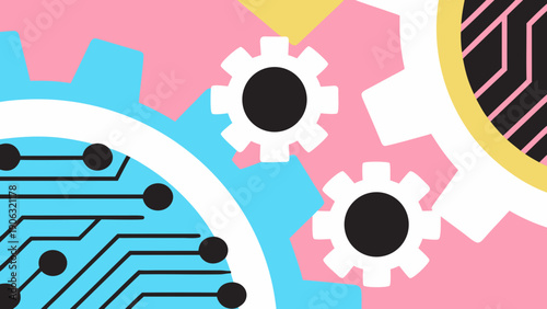 Brightly colored abstract gears and circuit board textures overlap against pink and yellow shapes.