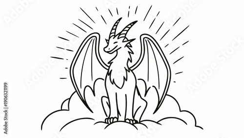 Mythical horned dragon with large wings sits serenely upon soft white clouds.