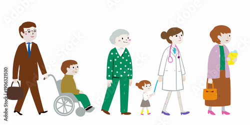 A diverse group of people including children and healthcare workers walking forward