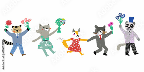 Anthropomorphic cats and raccoon celebrate with bouquets of flowers