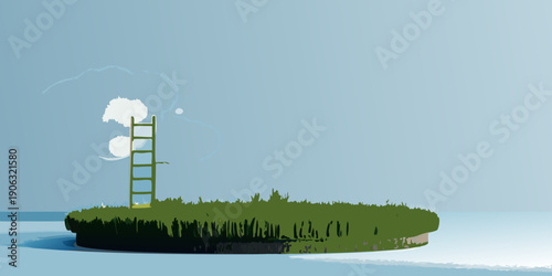 A simple illustration depicts a ladder reaching towards clouds over water