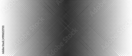 Thin to thick net pattern gradient. Fading grid gradation texture background. Black repeated mesh backdrop for overlay, print, cover, banner, poster. Vanishing overlapping lattice wallpaper. Vector