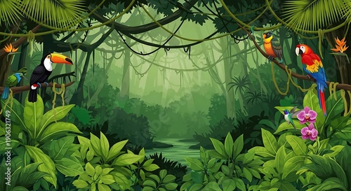 Lush Tropical Jungle Cartoon Background with Vines and Exotic Bird