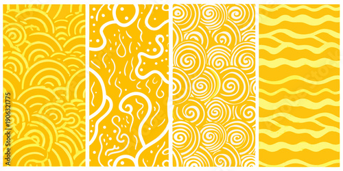 Four vertical panels displaying repeating yellow wave and swirl patterns
