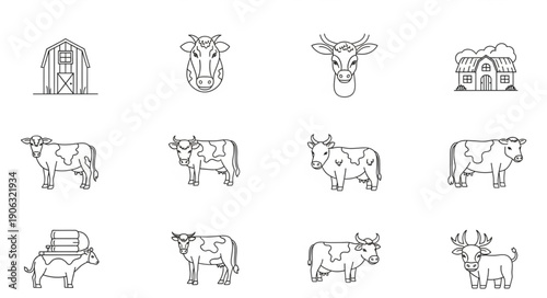Collection of Highland Cow Illustrations and Farm Buildings.