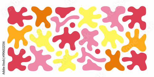Abstract arrangement of colorful amoeba like shapes against a white background