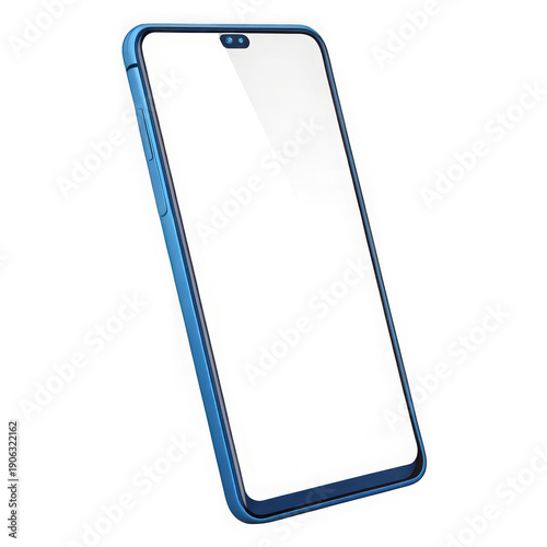 A modern smartphone with a blank white display and a vibrant blue protective case, presented at an angle.