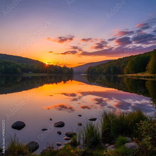 Brilliant sun dips below wooded hills casting warm reflections on a calm lake surface