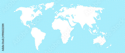 Blue wave world ocean map concept. Abstract globe world map for poster, banner, brochure, flyer, booklet, presentation. Continents surround by wavy water. Vector globe salt water illustration