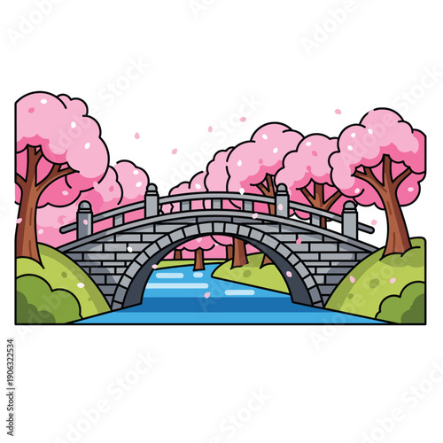A stone bridge over a river with cherry blossom trees