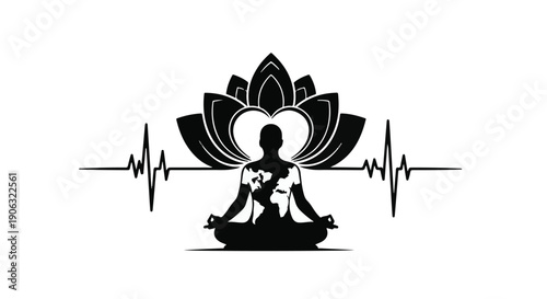 Silhouette of a person meditating with a lotus flower and heartbeat line symbolizing balance and well-being