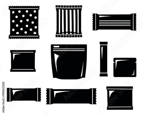 Glyph icon food packaging set featuring various snack bags and stand-up pouches for branding and product design