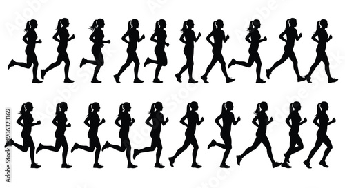 A sequence of silhouettes depicts a woman running in motion.