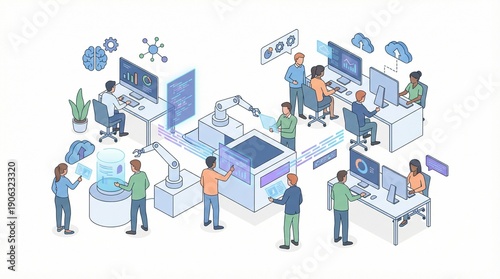 Isometric illustration of people working together with AI technology in a modern office setting with computers and data exchange.