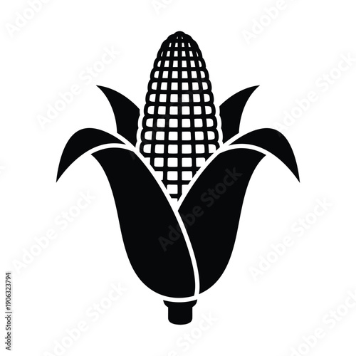 A black and white silhouette of a single ear of corn with husks.