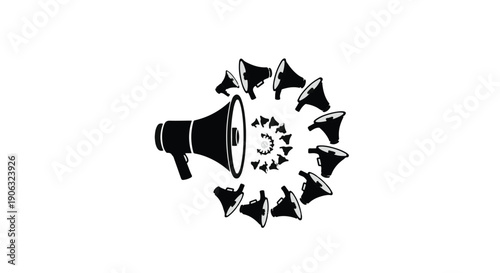 Loudspeaker amplifying sound waves in a spiral pattern, representing communication and announcement.