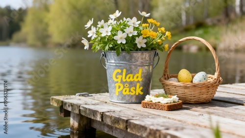 A metal bucket with wildflowers, a basket of eggs and a sandwich on a lakeside dock. Swedish text painted on the bucket.