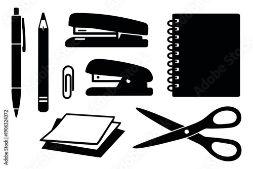 Simple graphic office supplies set featuring essential stationery items for business and education