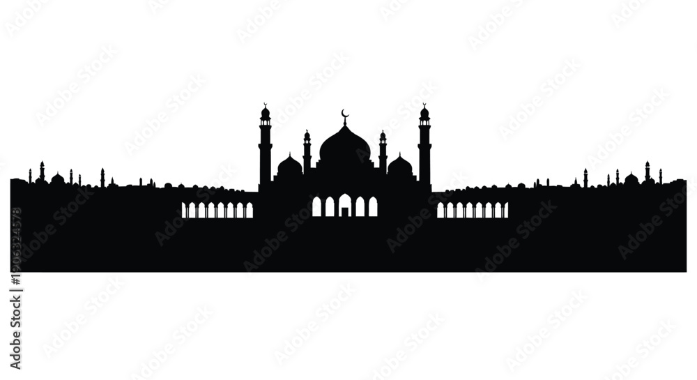 Naklejka premium Taj Mahal silhouette landscape with domes and minarets in black and white