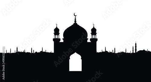 Mosque Silhouette with Domes and Minarets at Sunset or Dawn