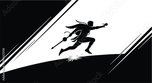 Dynamic silhouette of a warrior leaping with a sword, symbolizing action and power.