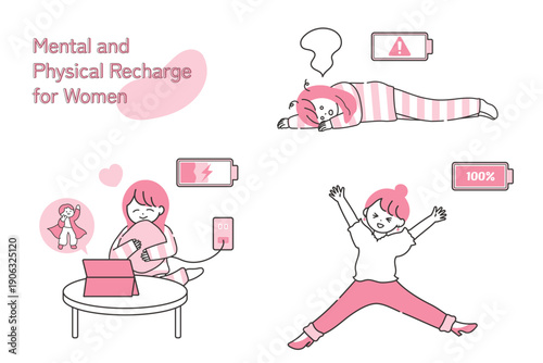 メンタル回復中の女性｜心や体の充電状況を表すイラストセット