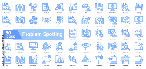 A collection of Problem Spotting icons. Containing alerts, risks, faults, and errors. Ideal for business analysis, troubleshooting, and risk management.