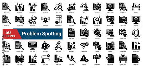 A collection of Problem Spotting icons. Containing alerts, risks, faults, and errors. Ideal for business analysis, troubleshooting, and risk management.