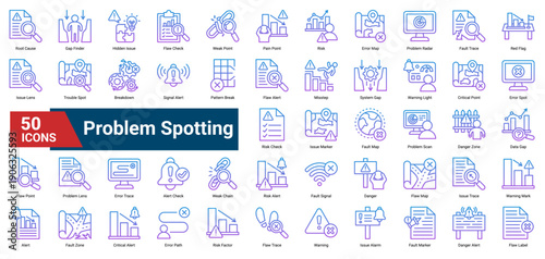 A collection of Problem Spotting icons. Containing alerts, risks, faults, and errors. Ideal for business analysis, troubleshooting, and risk management.