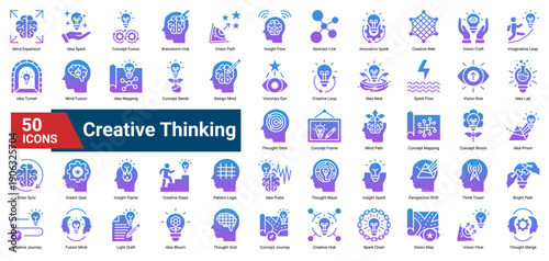 A collection of Creative Thinking icons. Containing ideas, visions, concepts, and imagination. Ideal for design projects, innovation, and brainstorming sessions.