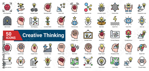 A collection of Creative Thinking icons. Containing ideas, visions, concepts, and imagination. Ideal for design projects, innovation, and brainstorming sessions.