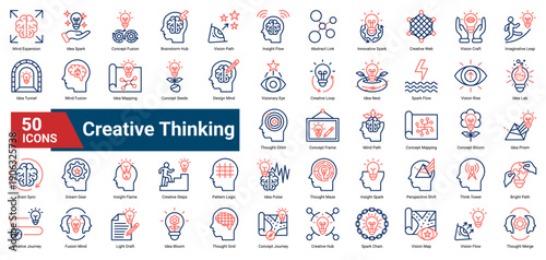 A collection of Creative Thinking icons. Containing ideas, visions, concepts, and imagination. Ideal for design projects, innovation, and brainstorming sessions.