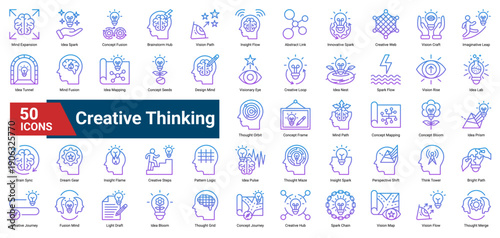 A collection of Creative Thinking icons. Containing ideas, visions, concepts, and imagination. Ideal for design projects, innovation, and brainstorming sessions.