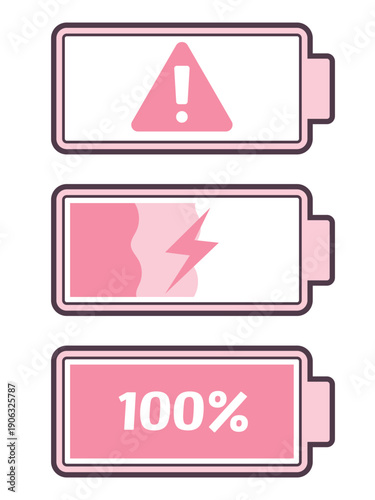 エモ可愛い充電の段階を表すバッテリーのイラストセット