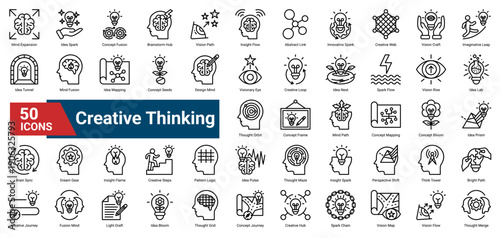 A collection of Creative Thinking icons. Containing ideas, visions, concepts, and imagination. Ideal for design projects, innovation, and brainstorming sessions.