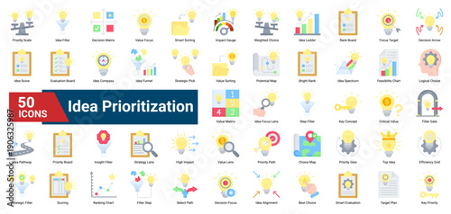 A collection of Idea Prioritization icons. Containing filters, rankings, values, and choices. Ideal for strategy mapping, project planning, and creative evaluation.