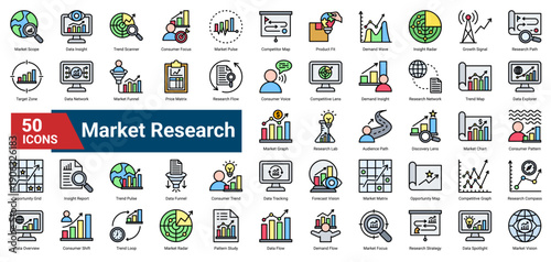 A collection of Market Research icons. Containing data, insights, trends, and analysis. Ideal for business strategy, market studies, and competitive intelligence.