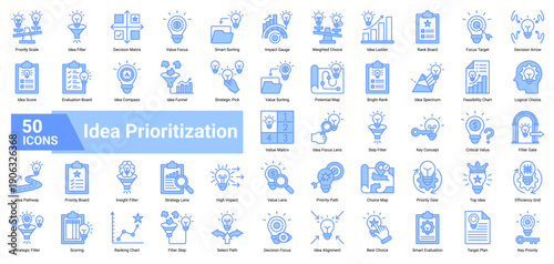 A collection of Idea Prioritization icons. Containing filters, rankings, values, and choices. Ideal for strategy mapping, project planning, and creative evaluation.