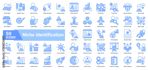 A collection of Niche Identification icons, containing niche targeting, customer focus, segmentation details, audience mapping, and ideal customer discovery. Perfect for business positioning, market s