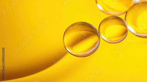 Close-up of transparent oil droplets suspended in yellow liquid, showing reflections and surface tension effects.
