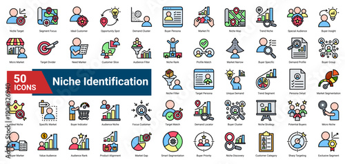 A collection of Niche Identification icons, containing niche targeting, customer focus, segmentation details, audience mapping, and ideal customer discovery. Perfect for business positioning, market s