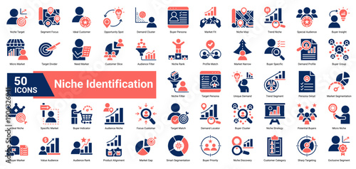 A collection of Niche Identification icons, containing niche targeting, customer focus, segmentation details, audience mapping, and ideal customer discovery. Perfect for business positioning, market s