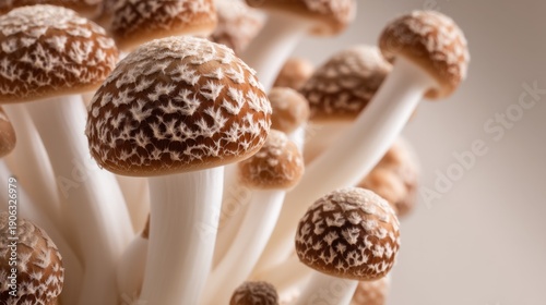 Close-up of brown and white patterned mushrooms with long stems clustered together against a light background.