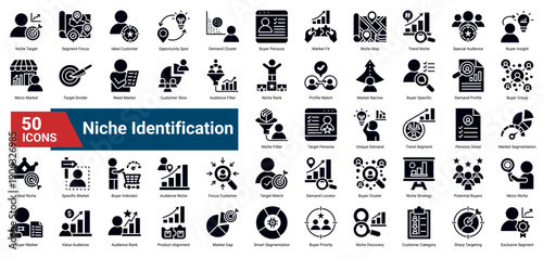 A collection of Niche Identification icons, containing niche targeting, customer focus, segmentation details, audience mapping, and ideal customer discovery. Perfect for business positioning, market s