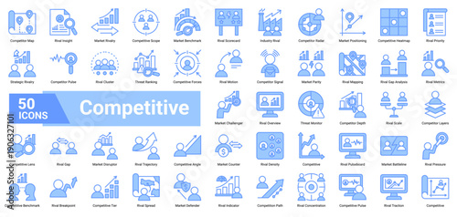 A collection of Competitive icons, containing rival analysis, market positioning, benchmarking, threat monitoring, and competitive dynamics. Ideal for market intelligence, strategy planning, and compe