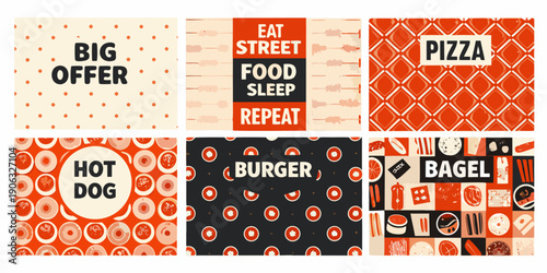 A collection of colorful patterned food themed promotional squares
