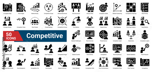 A collection of Competitive icons, containing rival analysis, market positioning, benchmarking, threat monitoring, and competitive dynamics. Ideal for market intelligence, strategy planning, and compe