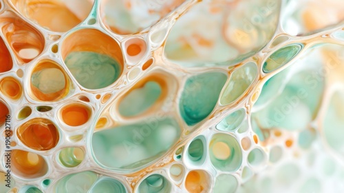Close-up of a colorful, abstract bubble pattern with translucent, interconnected shapes in shades of orange, green, and white.